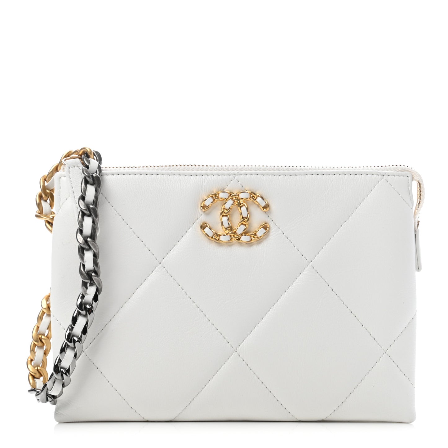 Shiny Goatskin Quilted Chanel 19 Small Pouch With Handle White