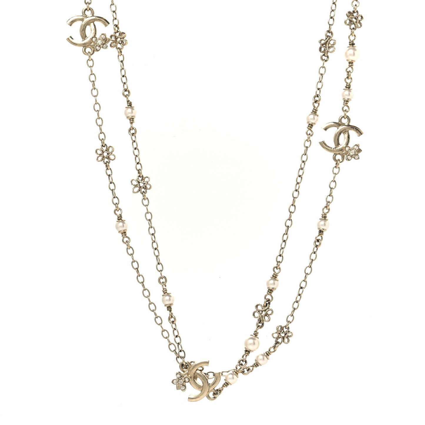 Crystal Pearl CC Flower Charms Long Necklace Light Gold