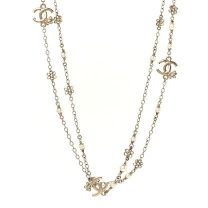 Chanel Crystal Pearl CC Flower Charms Long Necklace Light Gold 1 of 4