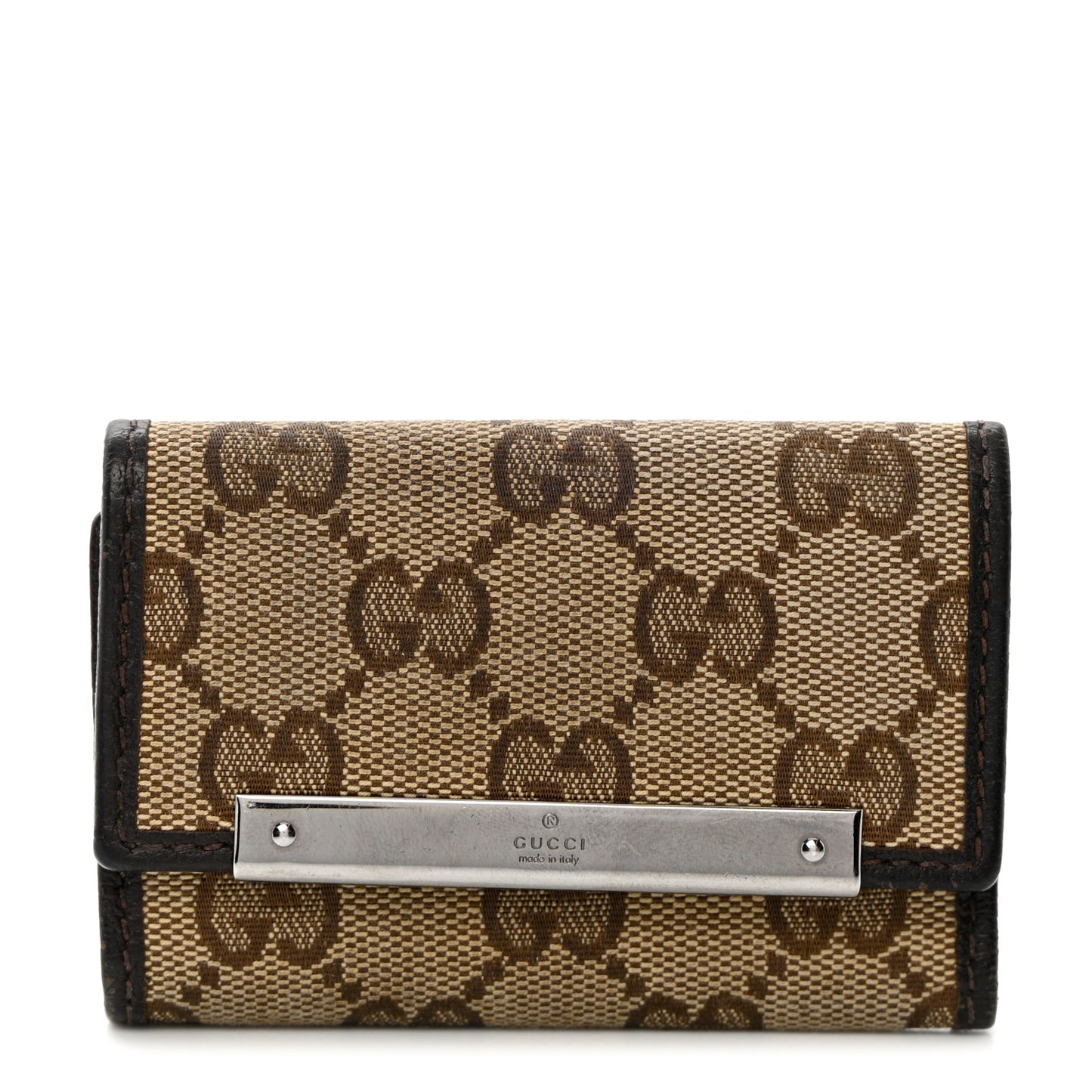 Monogram Textured Calfskin Metal Bar 6 Key Holder Case Beige Ebony Cocoa