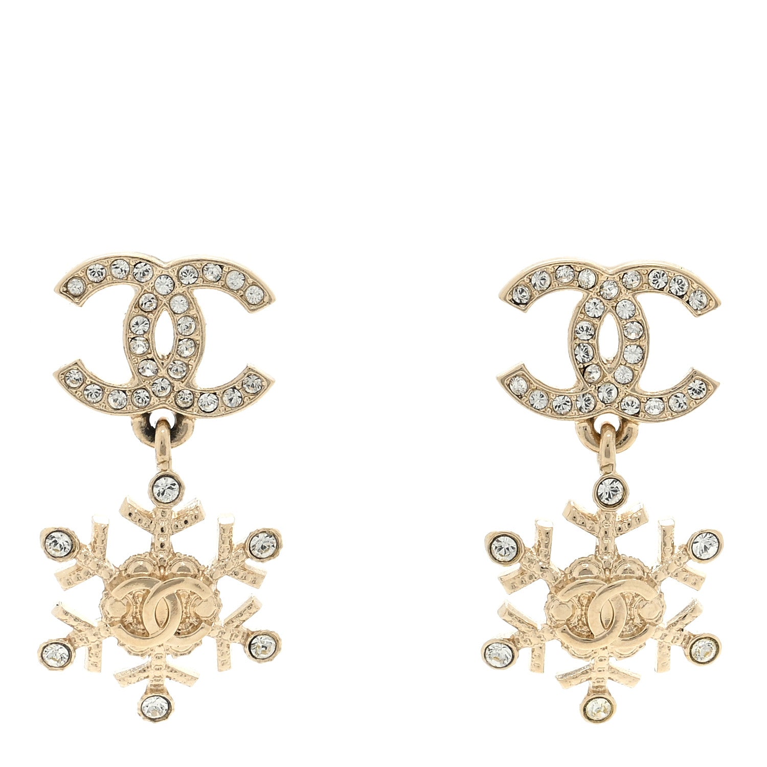 Chanel Crystal Snowflake CC Drop Earrings Gold 1 of 4