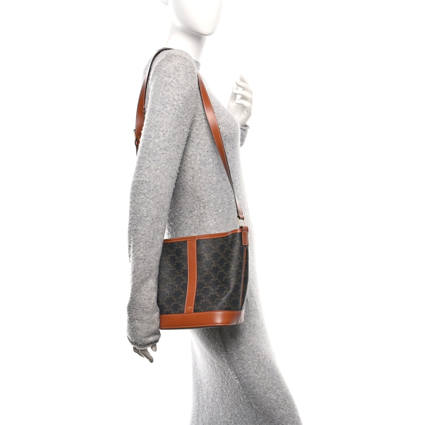 Triomphe Canvas Calfskin Small Bucket Bag Tan