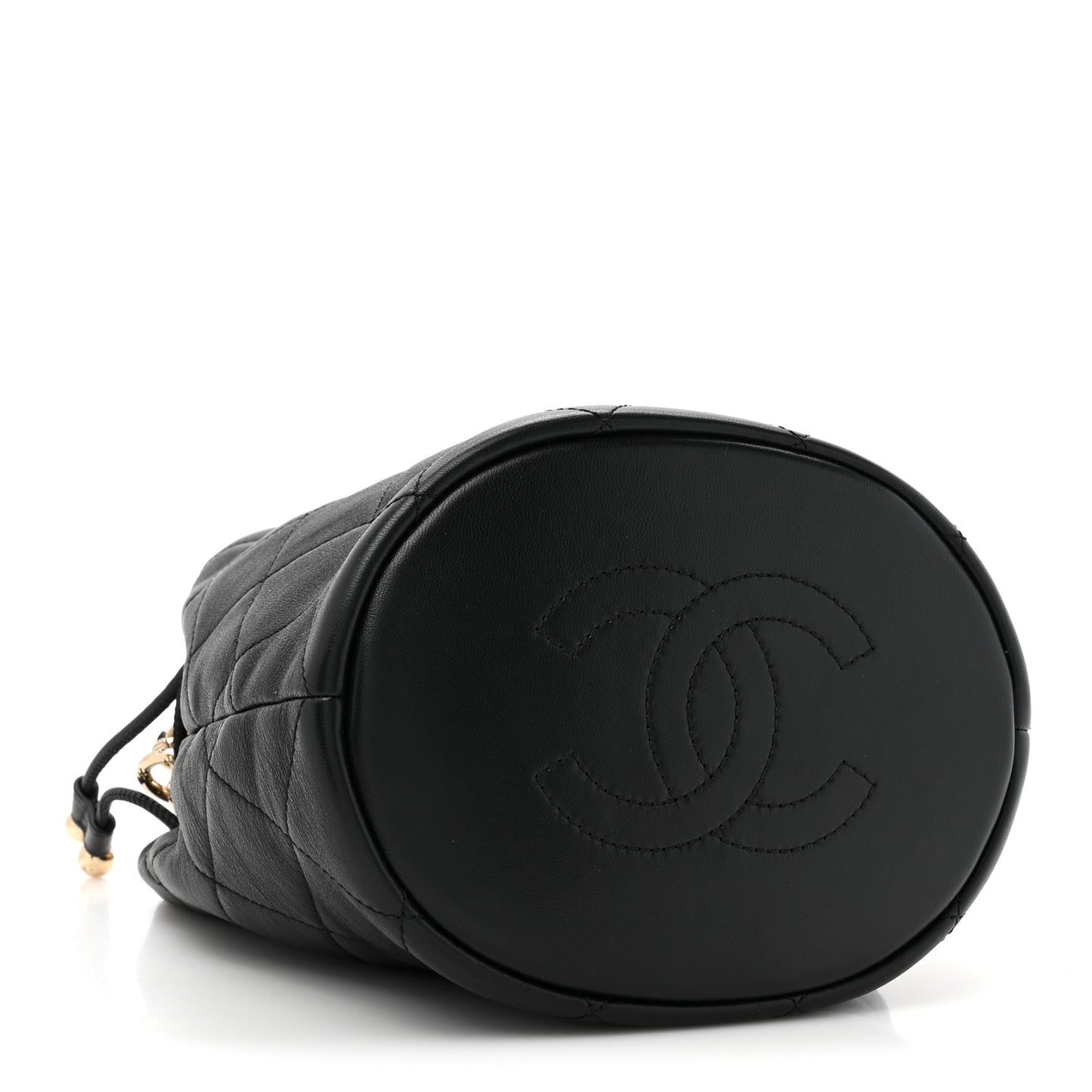 Shiny Lambskin Quilted Chain Is More Drawstring Bag Black