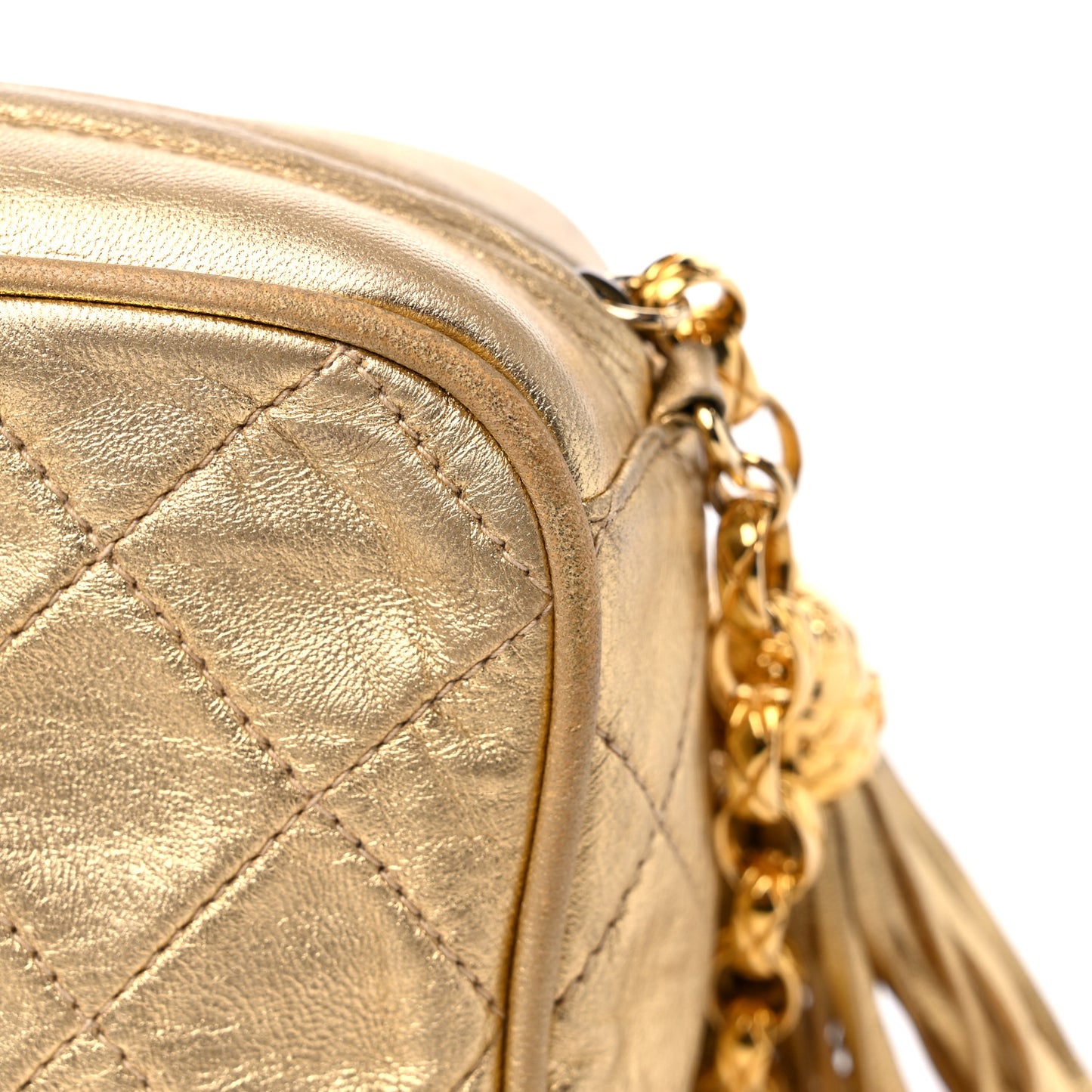 Metallic Lambskin Quilted Tassel Camera Case Gold