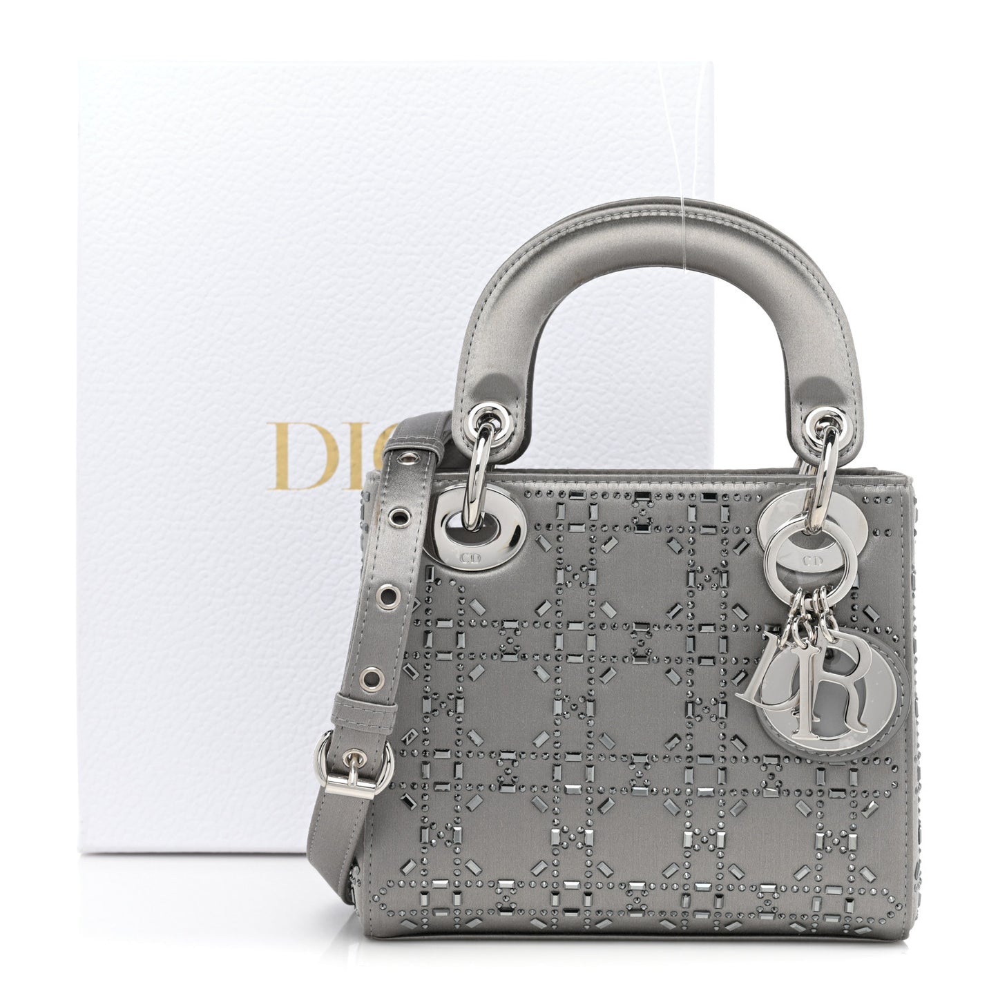 Satin Crystal Cannage Mini Lady Dior Gray