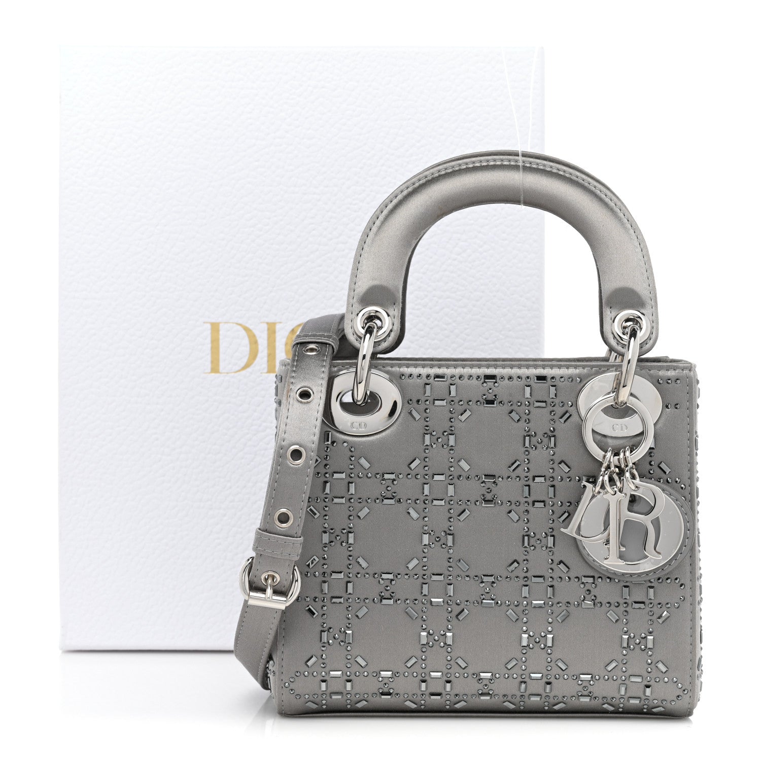 Christian Dior Satin Crystal Cannage Mini Lady Dior Gray 14 of 14