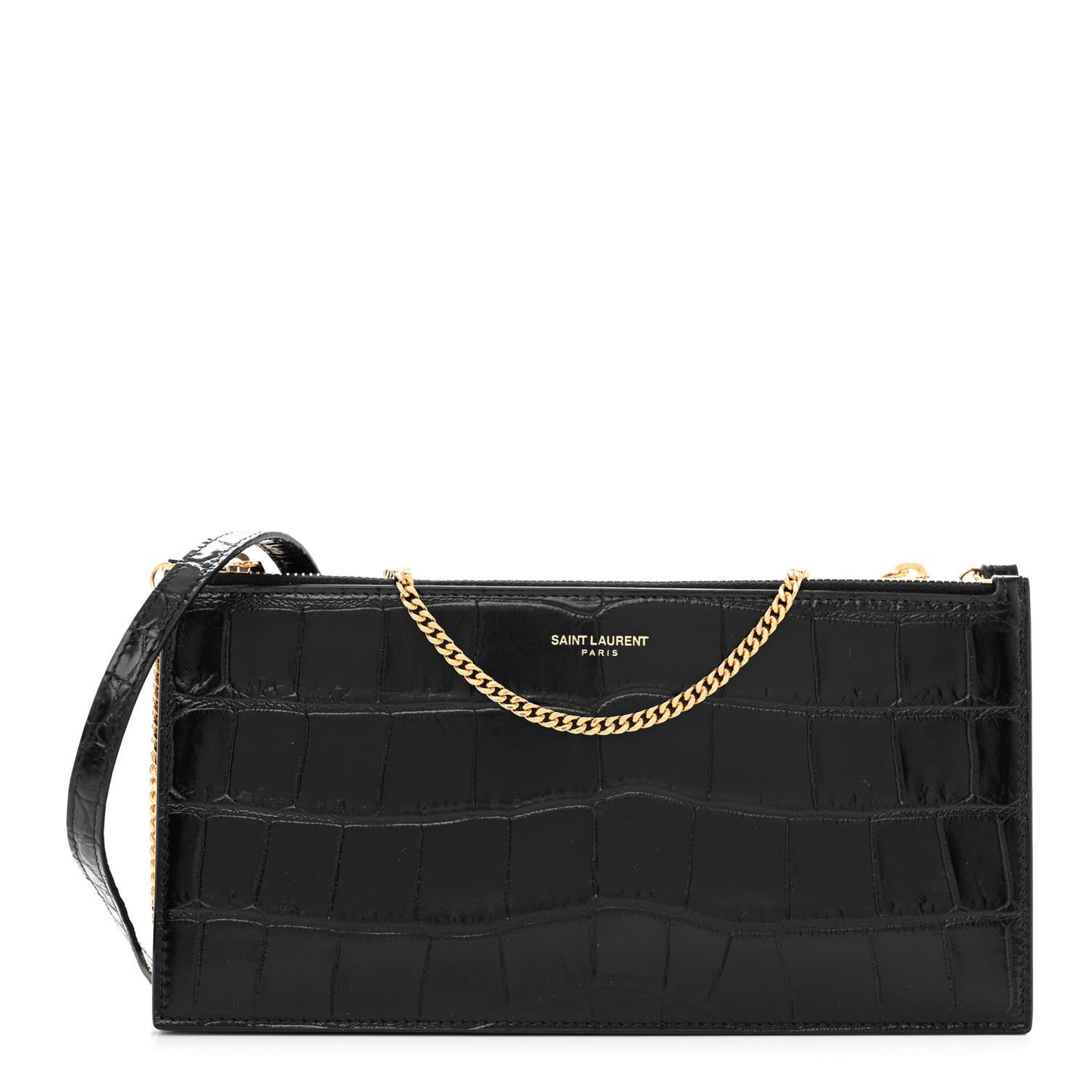 Calfskin Crocodile Embossed Double Pouch On Chain Black