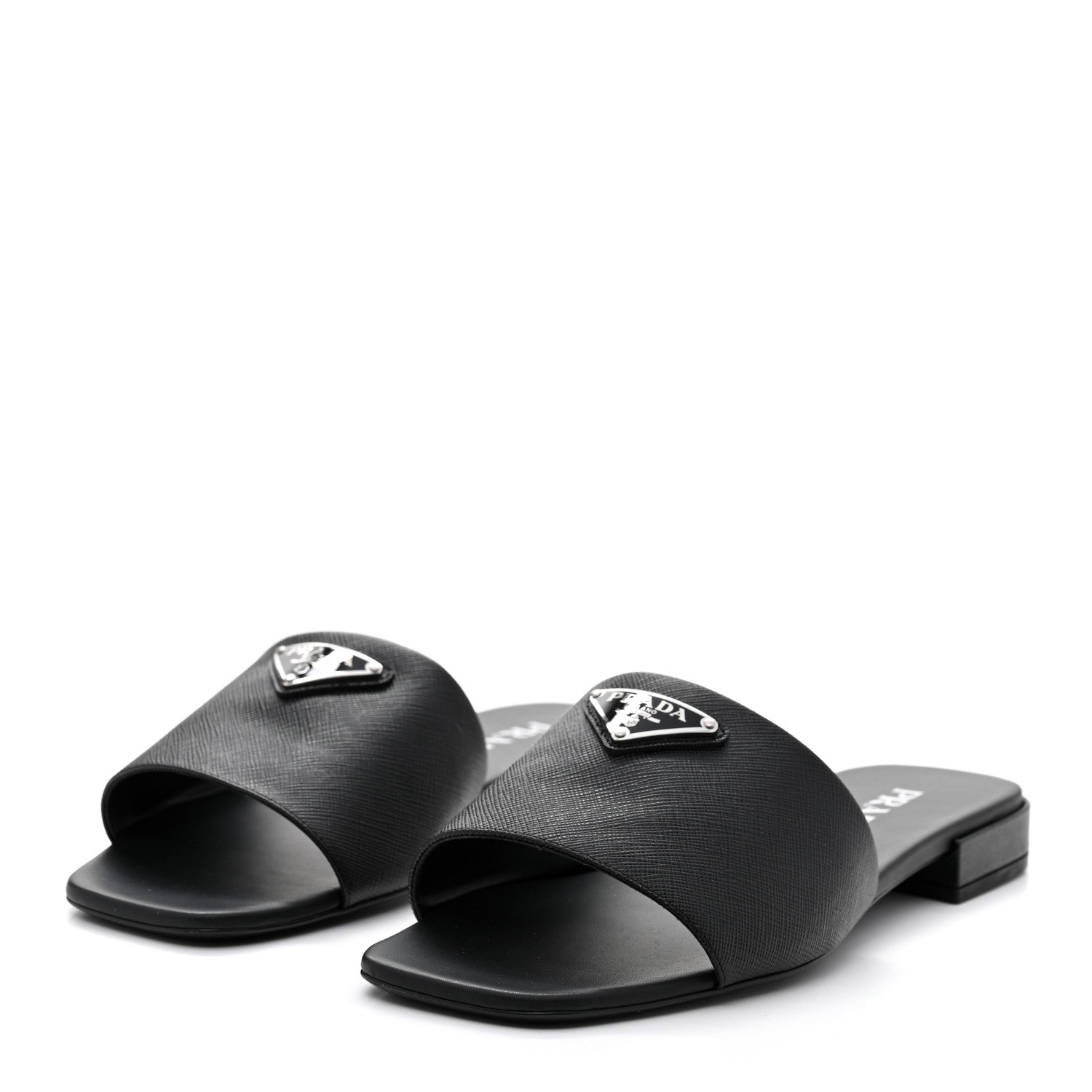 Prada Saffiano Metal Triangle Logo 10mm Slide Sandals 39 Black 3 of 7