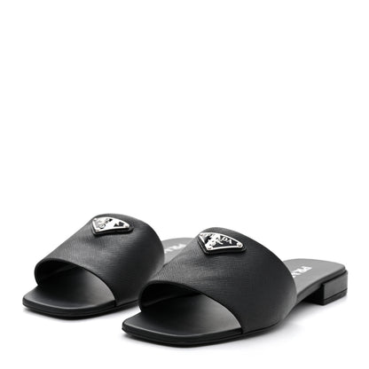 Prada Saffiano Metal Triangle Logo 10mm Slide Sandals 39 Black 3 of 7