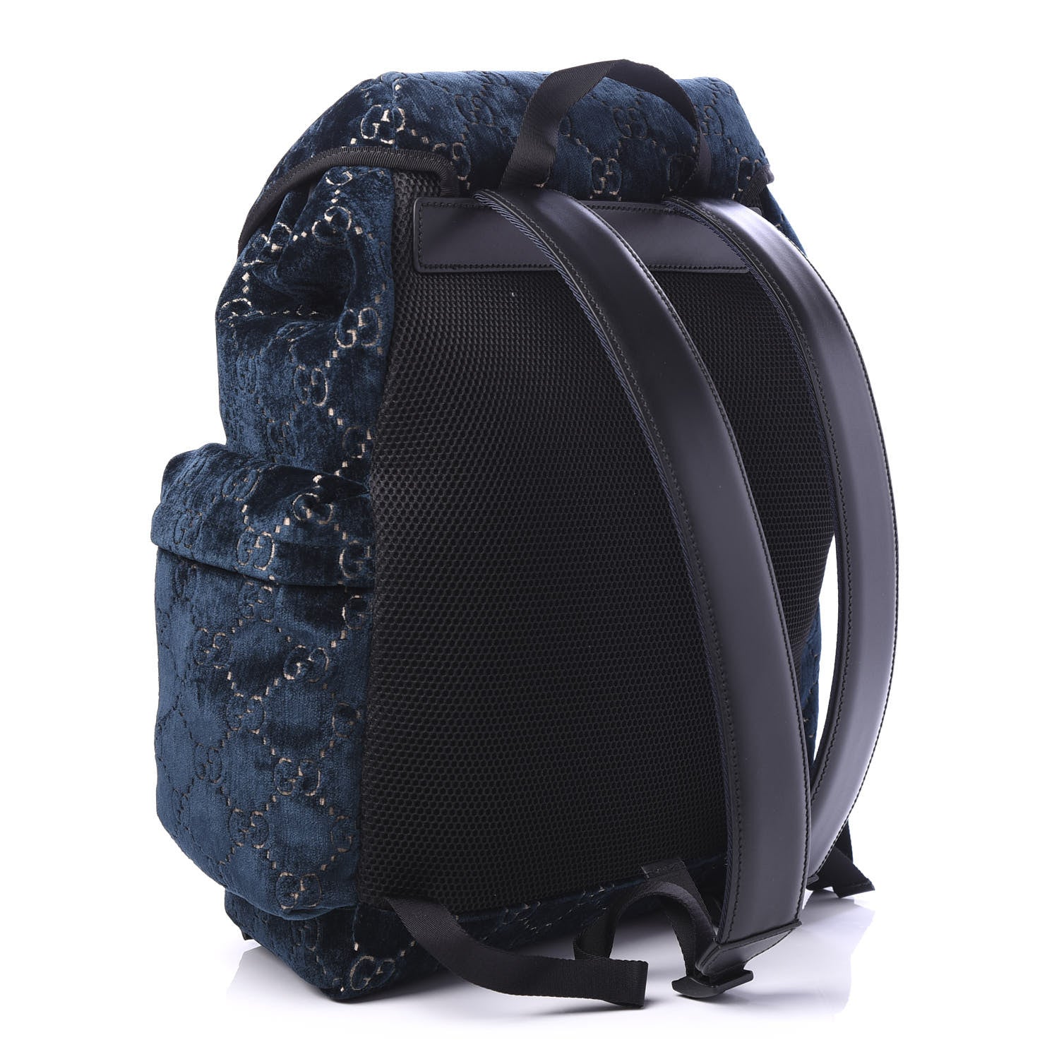 Gucci Velvet GG Monogram Web Medium Double Buckle Backpack Blue Beige Black 2 of 9