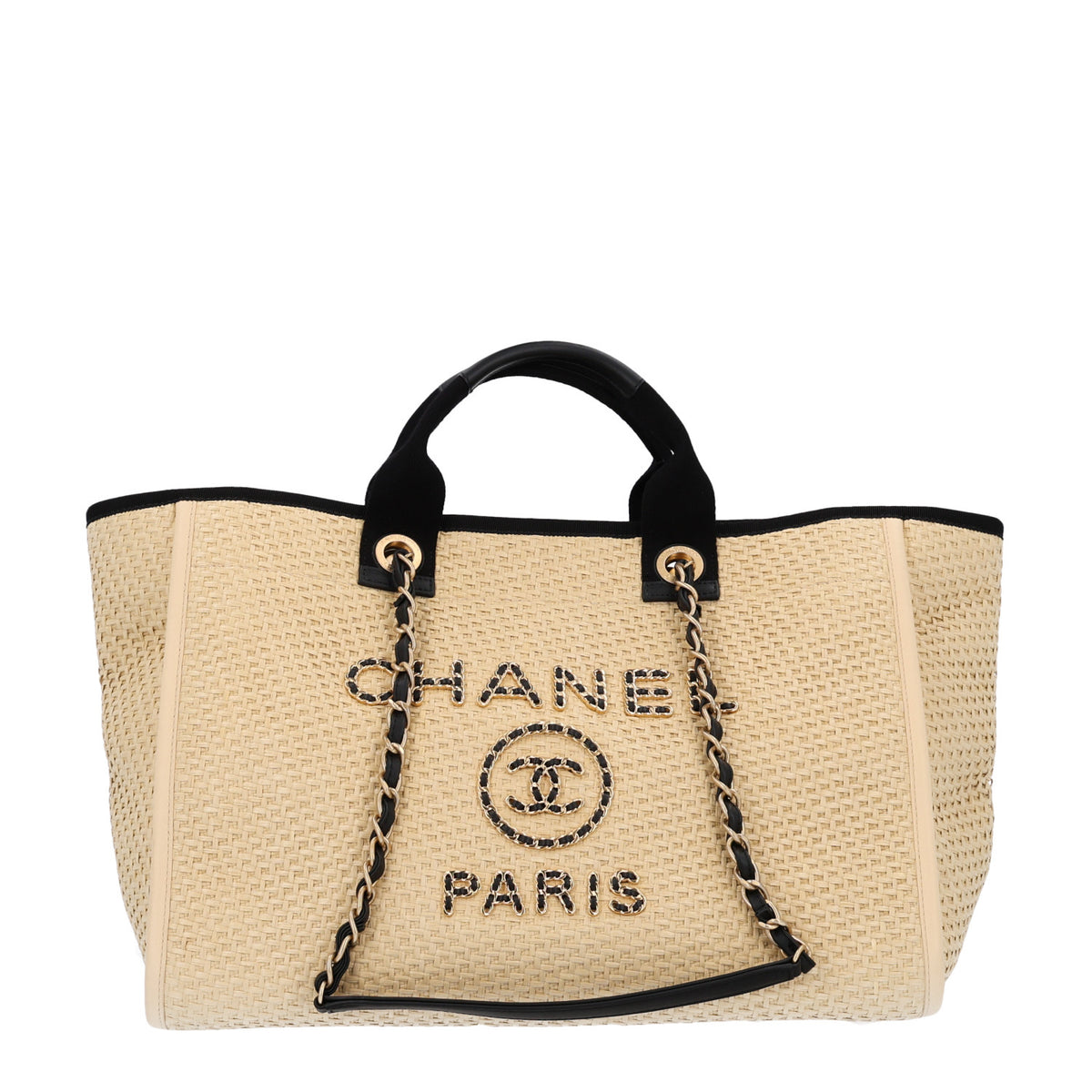 Straw Raffia Calfskin Chain Medium Deauville Tote Beige Black