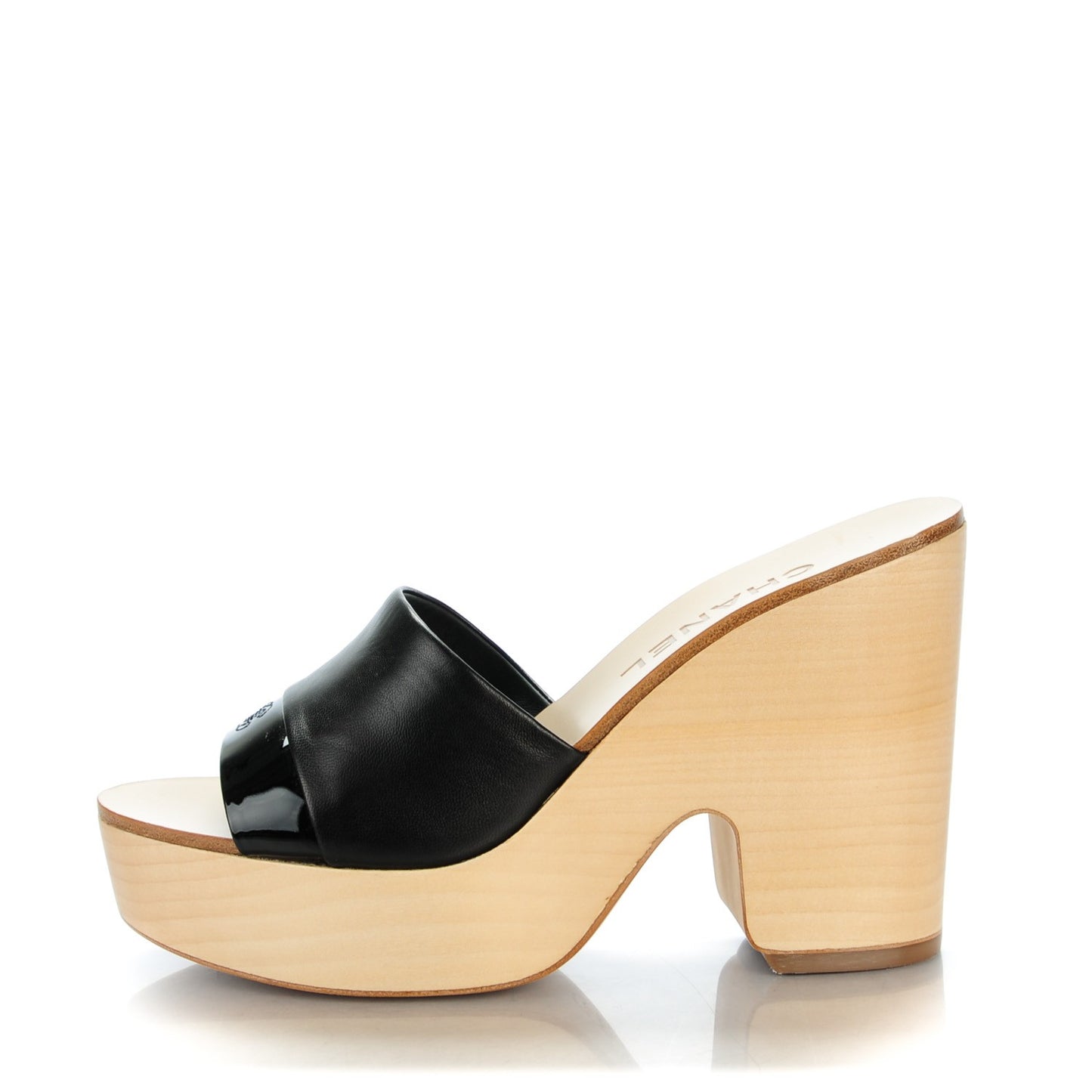 Calfskin Patent Wood CC Mules 37 Black
