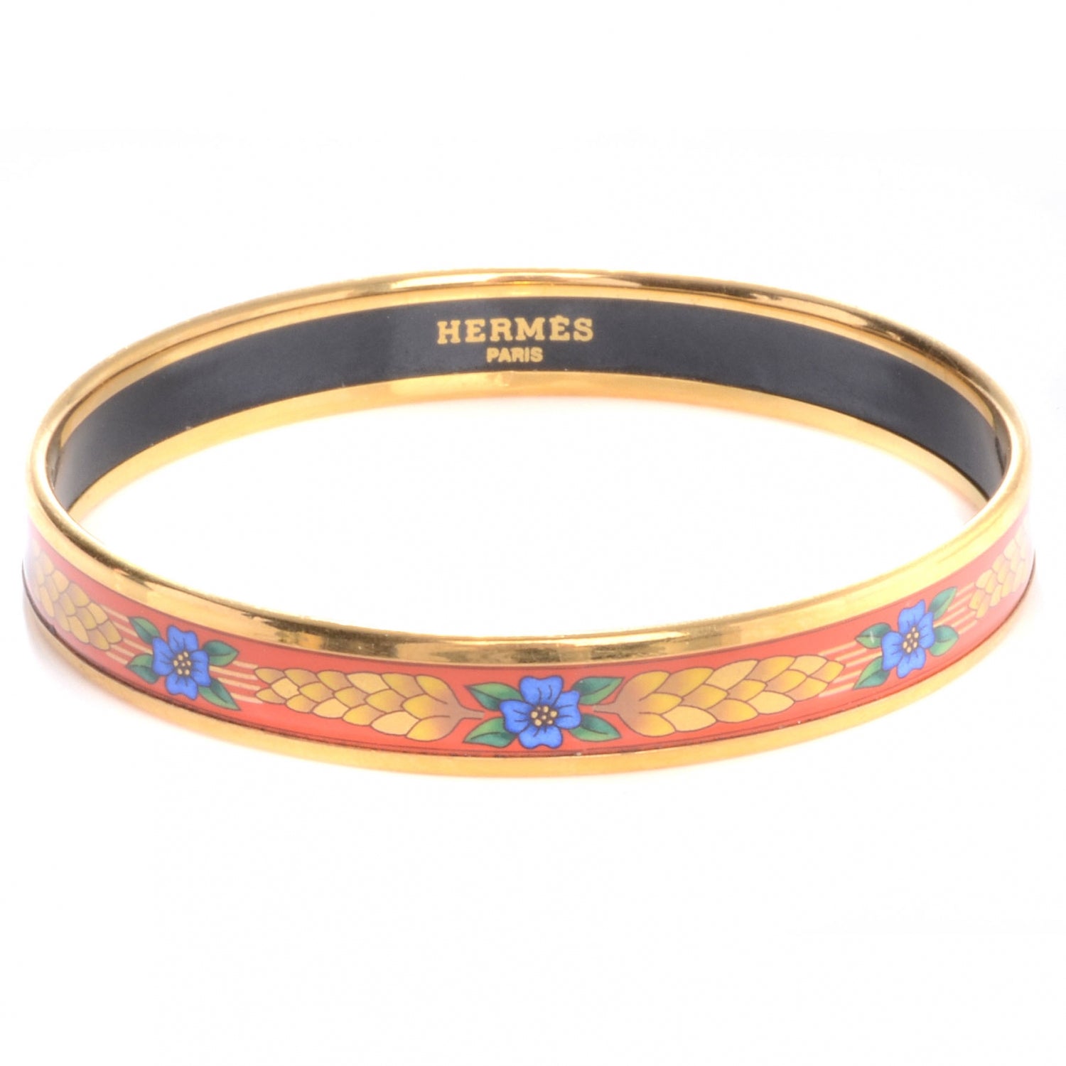 Hermes Narrow Enamel Printed Flowers Bracelet Orange 65 3 of 5