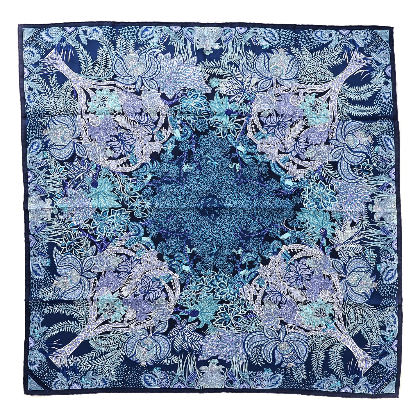 Silk Maitres de la Foret Scarf 90 Marine Lavande Turquoise