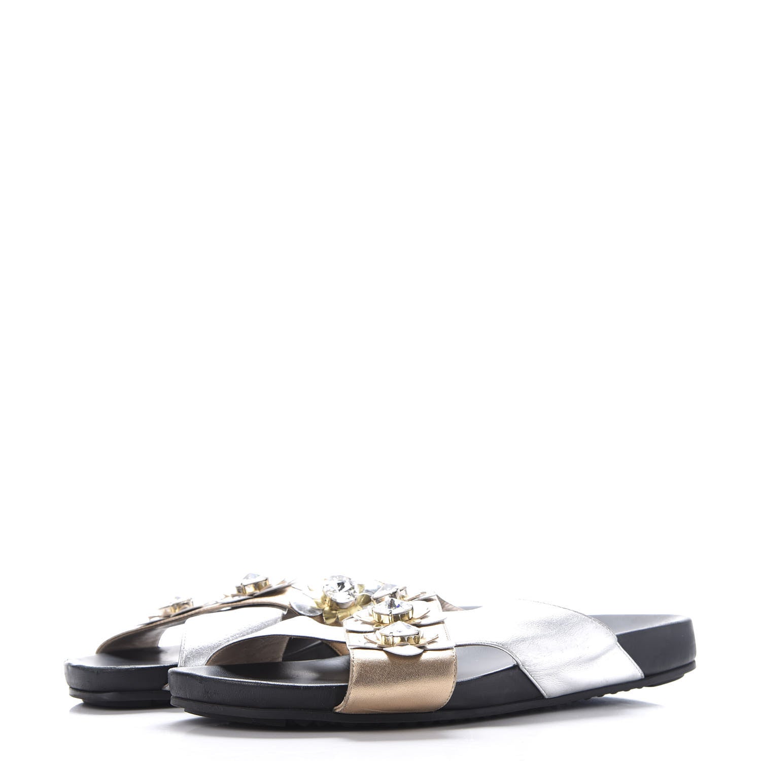 Fendi Metallic Nappa Crystal Flowerland Crisscross Slide Sandals 40 Argento Bronze Gold 2 of 10