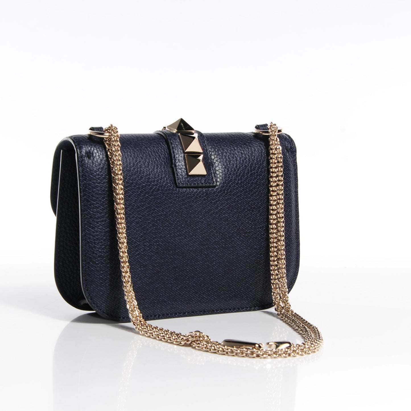 Pebbled Calfskin Small Glam Lock Rockstud Flap Deep Denim