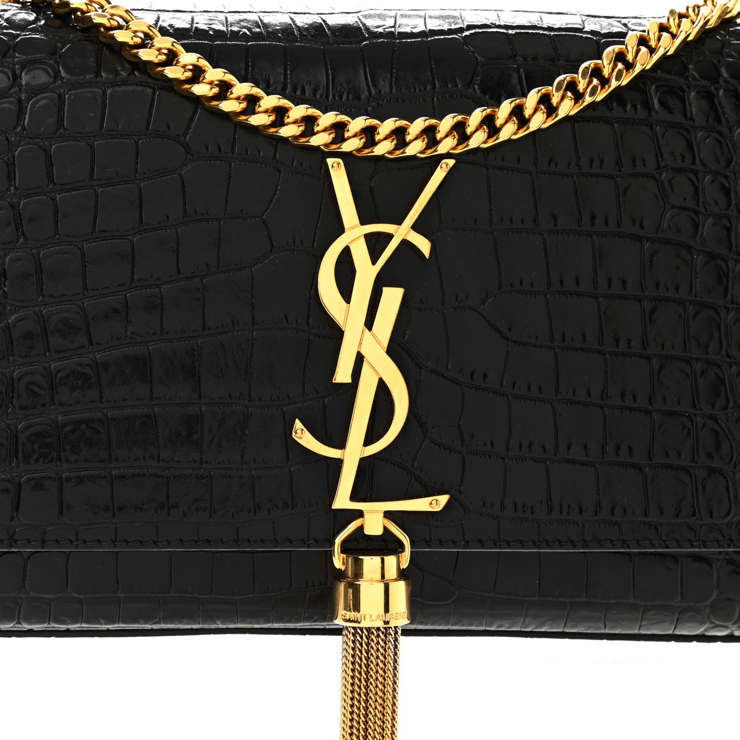 Saint Laurent Calfskin Crocodile Embossed Small Classic Monogram Kate Tassel Satchel Black 8 of 10