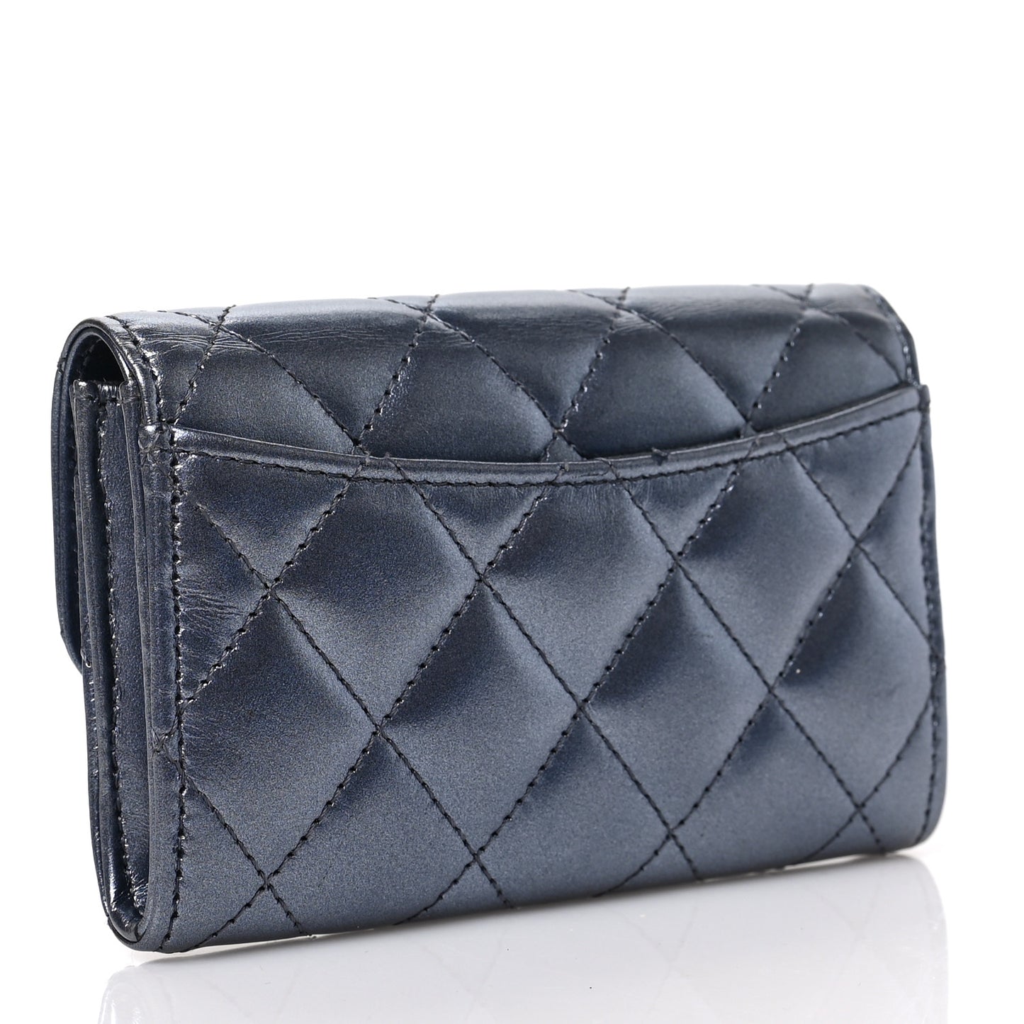 Metallic Lambskin Quilted Flap Card Holder Wallet Dark Blue