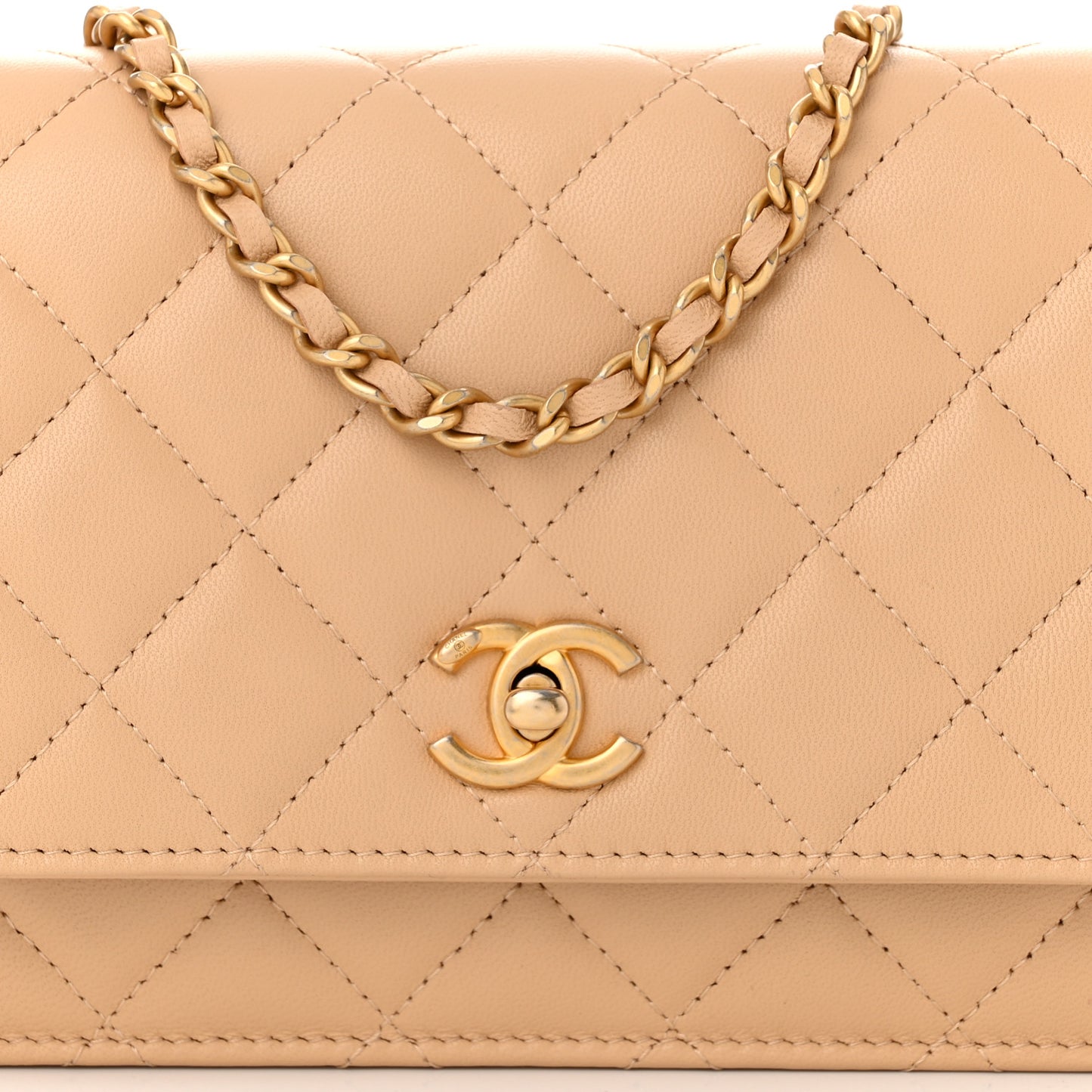 Lambskin Quilted CC Pearl Crush Wallet on Chain WOC Beige