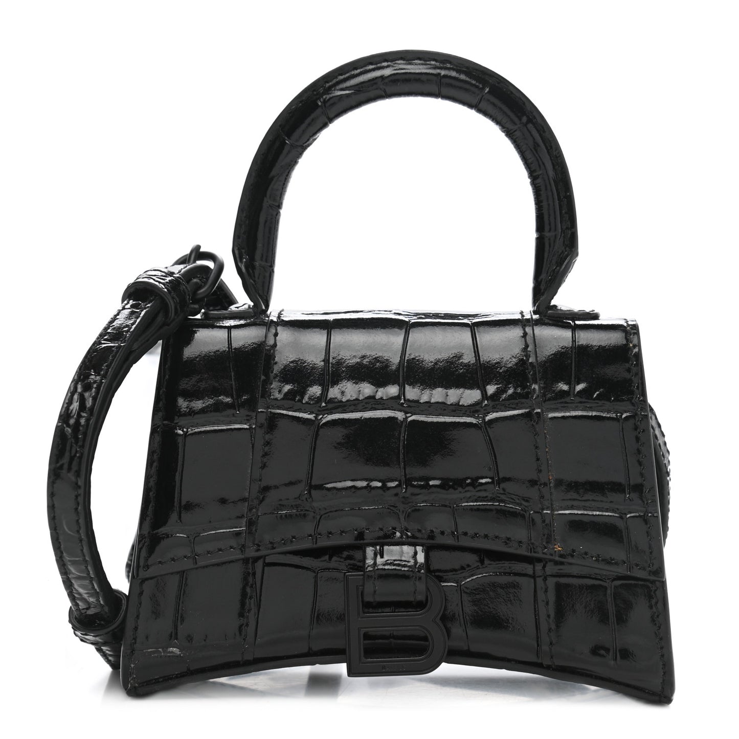 Shiny Calfskin Monochrome Crocodile Embossed Hourglass Top Handle Bag Mini Black