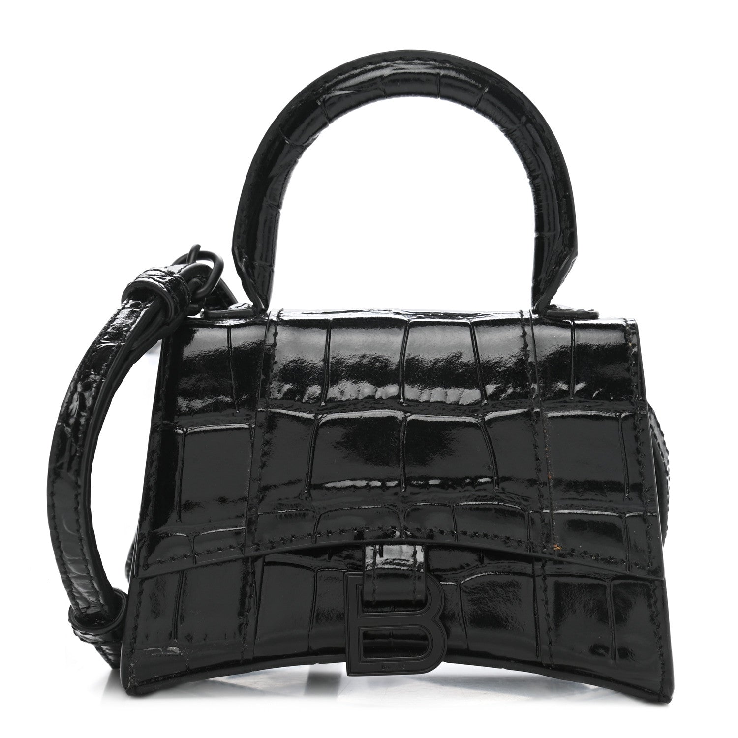 Balenciaga Shiny Calfskin Monochrome Crocodile Embossed Hourglass Top Handle Bag Mini Black 1 of 10