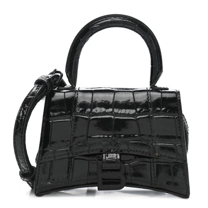 Balenciaga Shiny Calfskin Monochrome Crocodile Embossed Hourglass Top Handle Bag Mini Black 1 of 10
