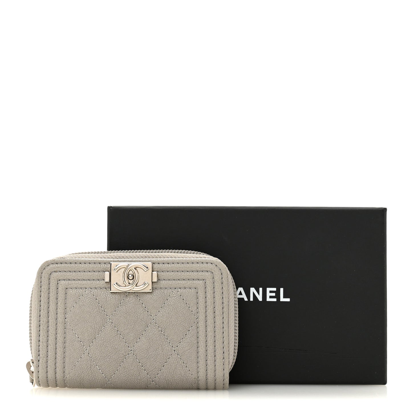 Caviar Quilted Boy Zip Around Coin Purse Wallet Grey