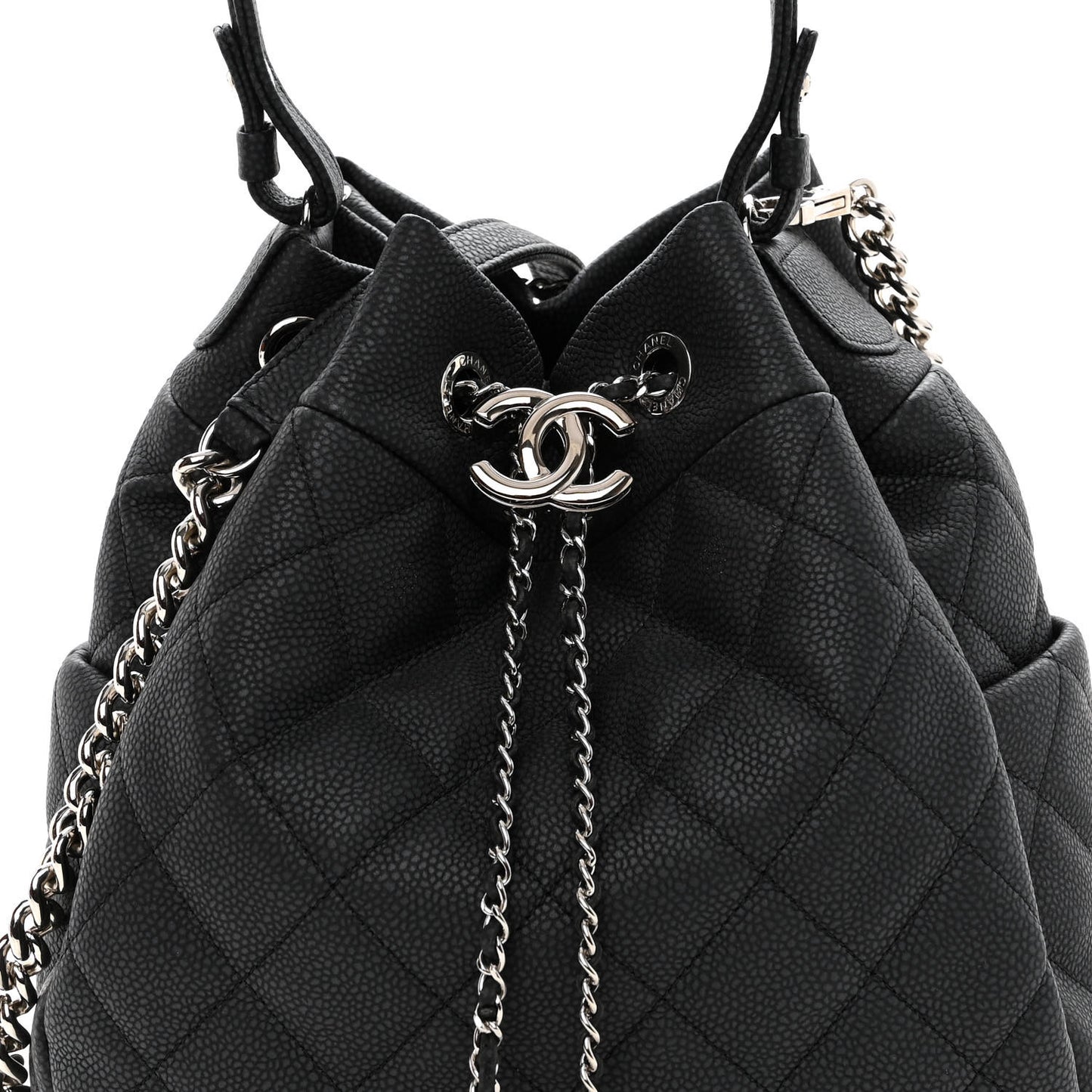 Caviar Flat Quilted CC Chain Bucket Drawstring Bag Black