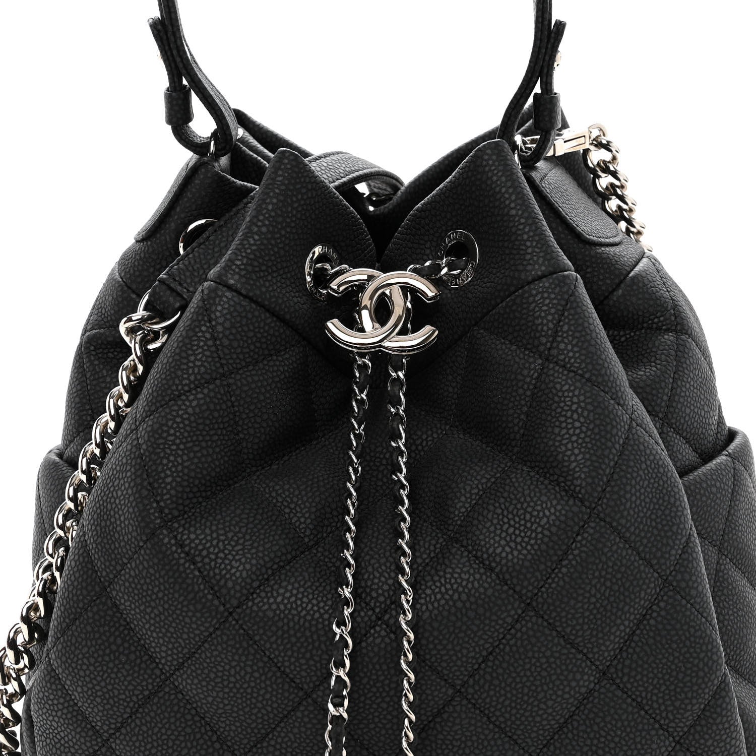 Chanel Caviar Flat Quilted CC Chain Bucket Drawstring Bag Black 7 of 9