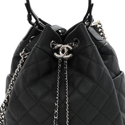 Chanel Caviar Flat Quilted CC Chain Bucket Drawstring Bag Black 7 of 9