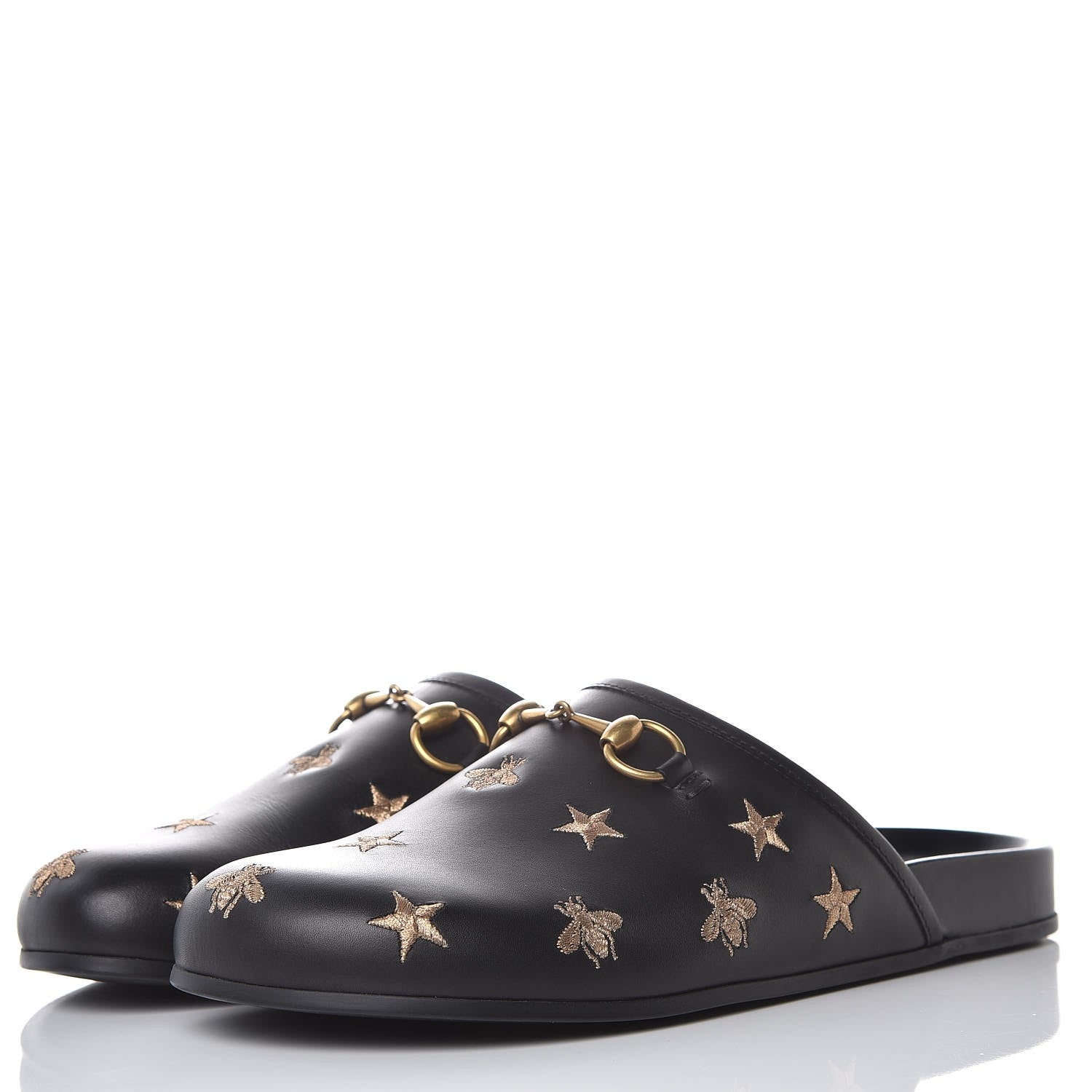 Gucci Calfskin Bee Star Embroidered Mens Horsebit River Slippers 8 Black 3 of 9