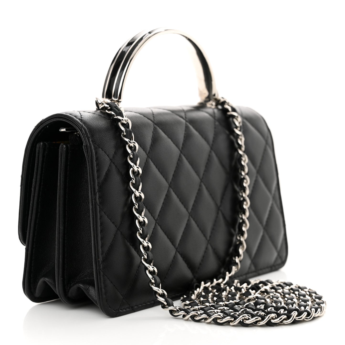 Lambskin Quilted Metal Top Handle Crossbody Flap Black