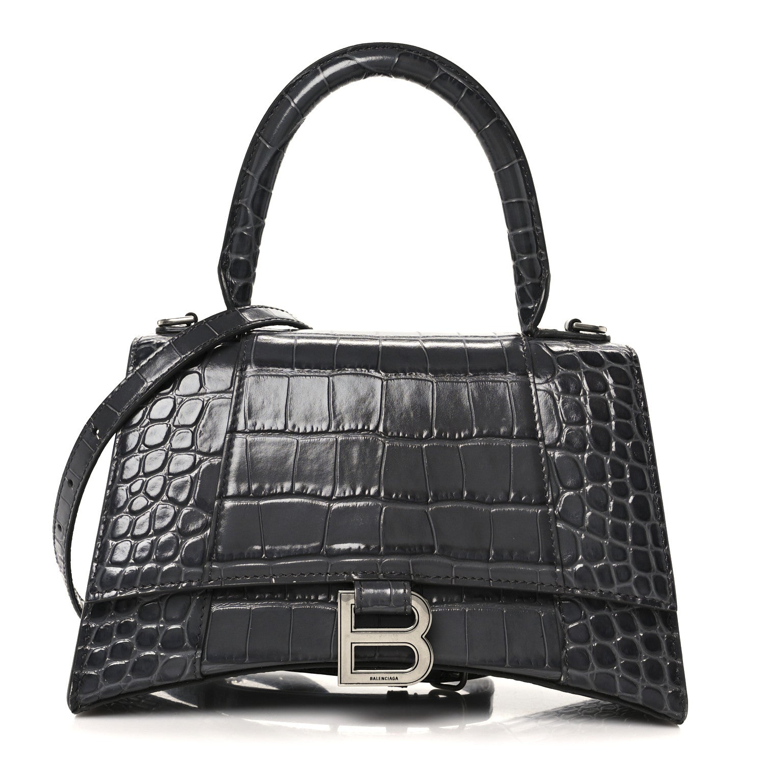 Balenciaga Shiny Calfskin Crocodile Embossed Small Hourglass Top Handle Bag Dark Grey 1 of 11