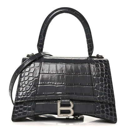 Balenciaga Shiny Calfskin Crocodile Embossed Small Hourglass Top Handle Bag Dark Grey 1 of 11