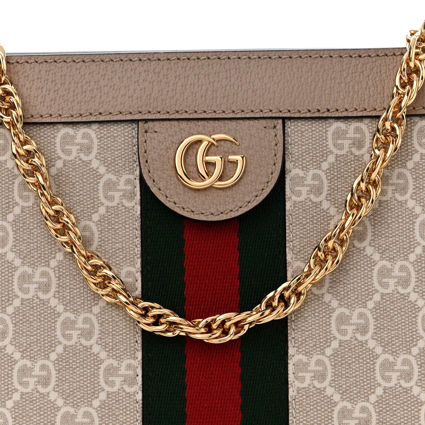 GG Supreme Monogram Textured Dollar Calfskin Web Small Ophidia Chain Shoulder Bag Beige Mystic White Oatmeal