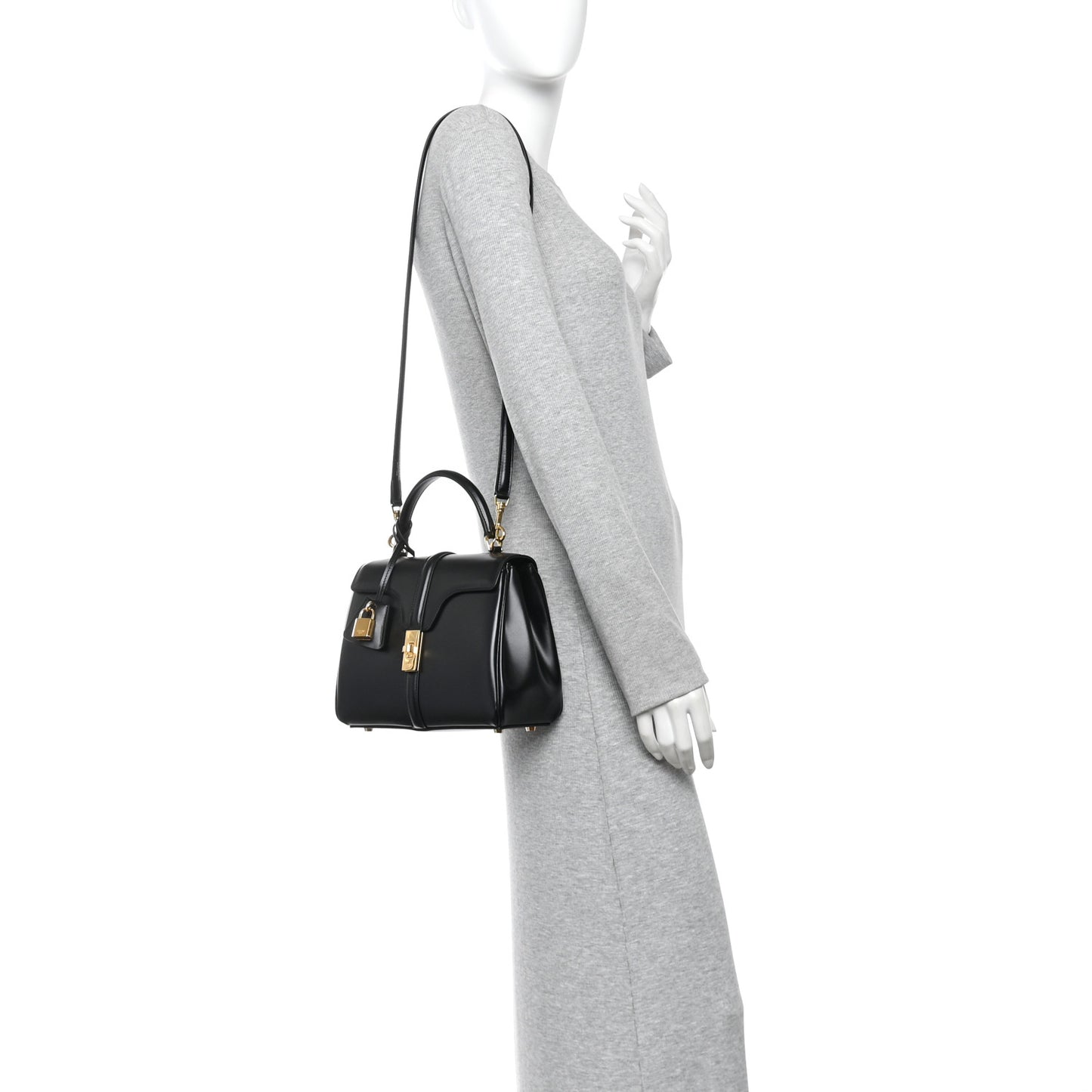 Satinated Calfskin Small 16 Top Handle Bag Black
