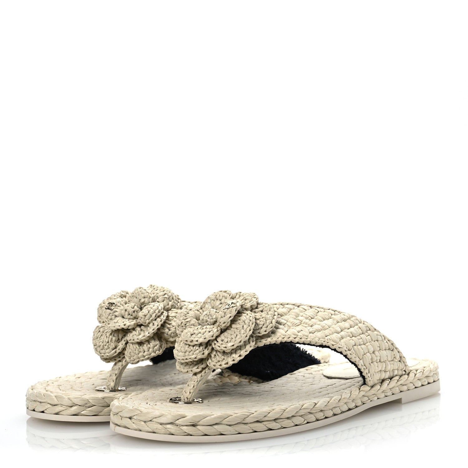 Chanel Raffia Camellia Flower Thong Sandals 38.5 Ivory 4 of 13