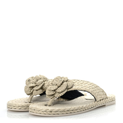 Chanel Raffia Camellia Flower Thong Sandals 38.5 Ivory 4 of 13