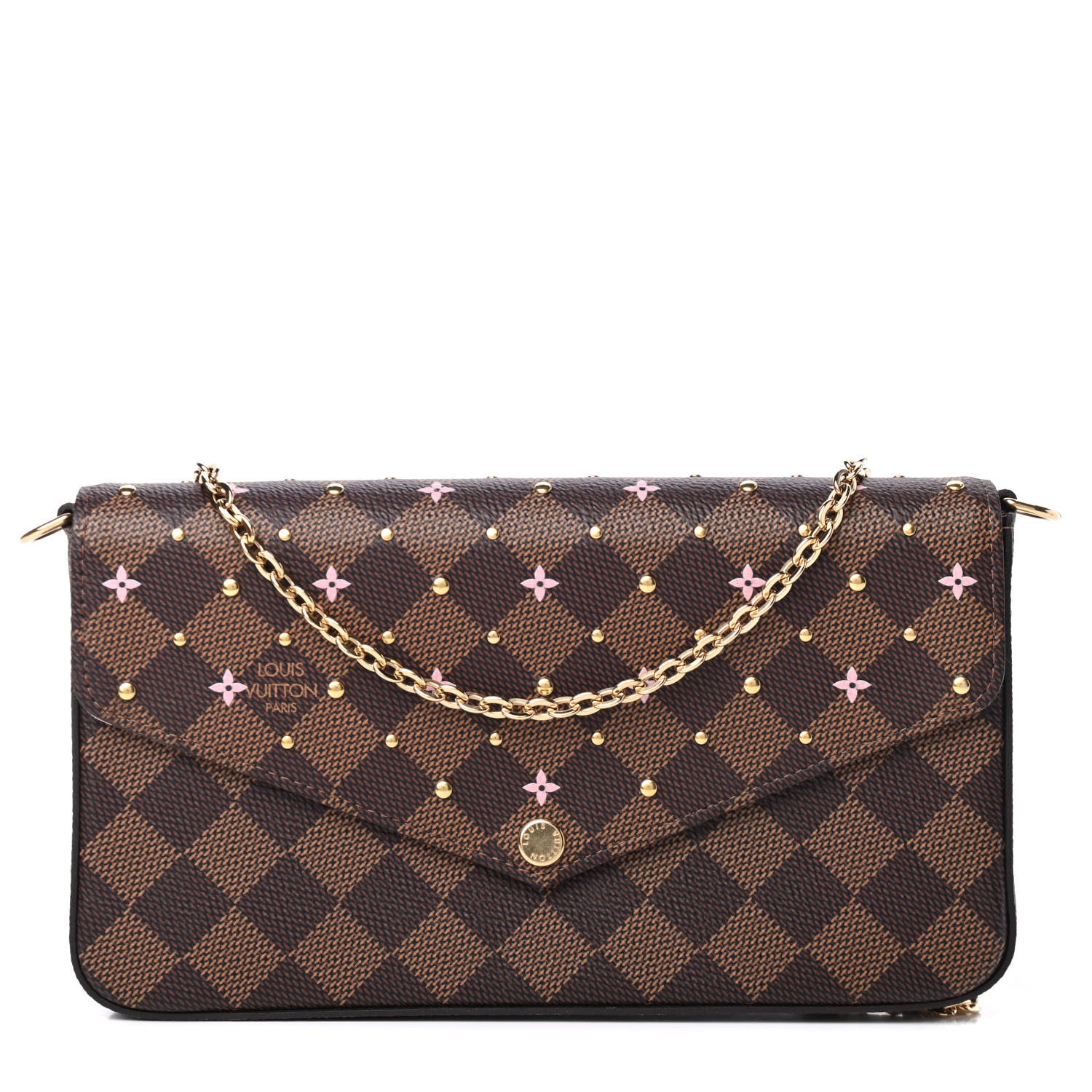 Louis Vuitton Damier Ebene Studded Pochette Felicie Chain Wallet 1 of 4