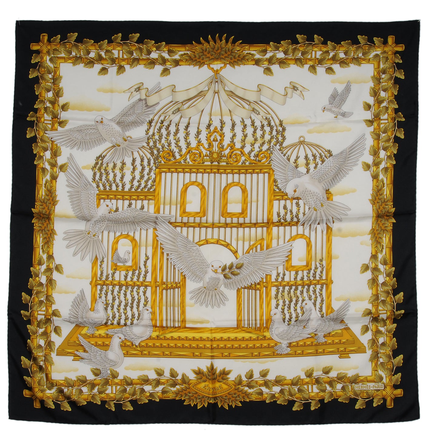 Silk Doves Of Peace Scarf 90 Black Gold