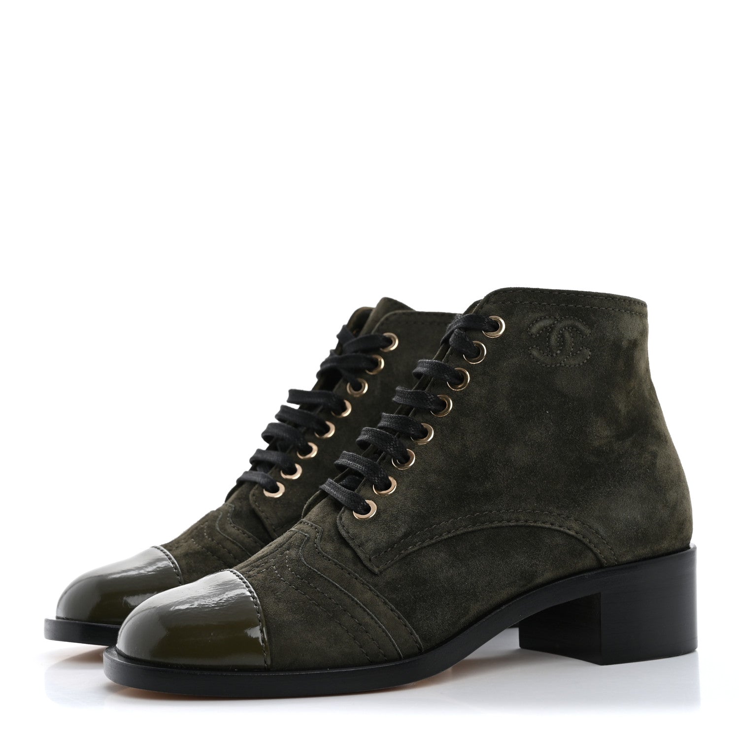 Chanel Suede Patent Cap Toe CC Boots 35.5 Khaki 4 of 10