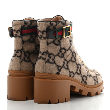 Gucci Covered Wool Big GG Monogram Womens Lace Up Combat Ankle Boots 37 Beige Ebony Cocoa 4 of 15