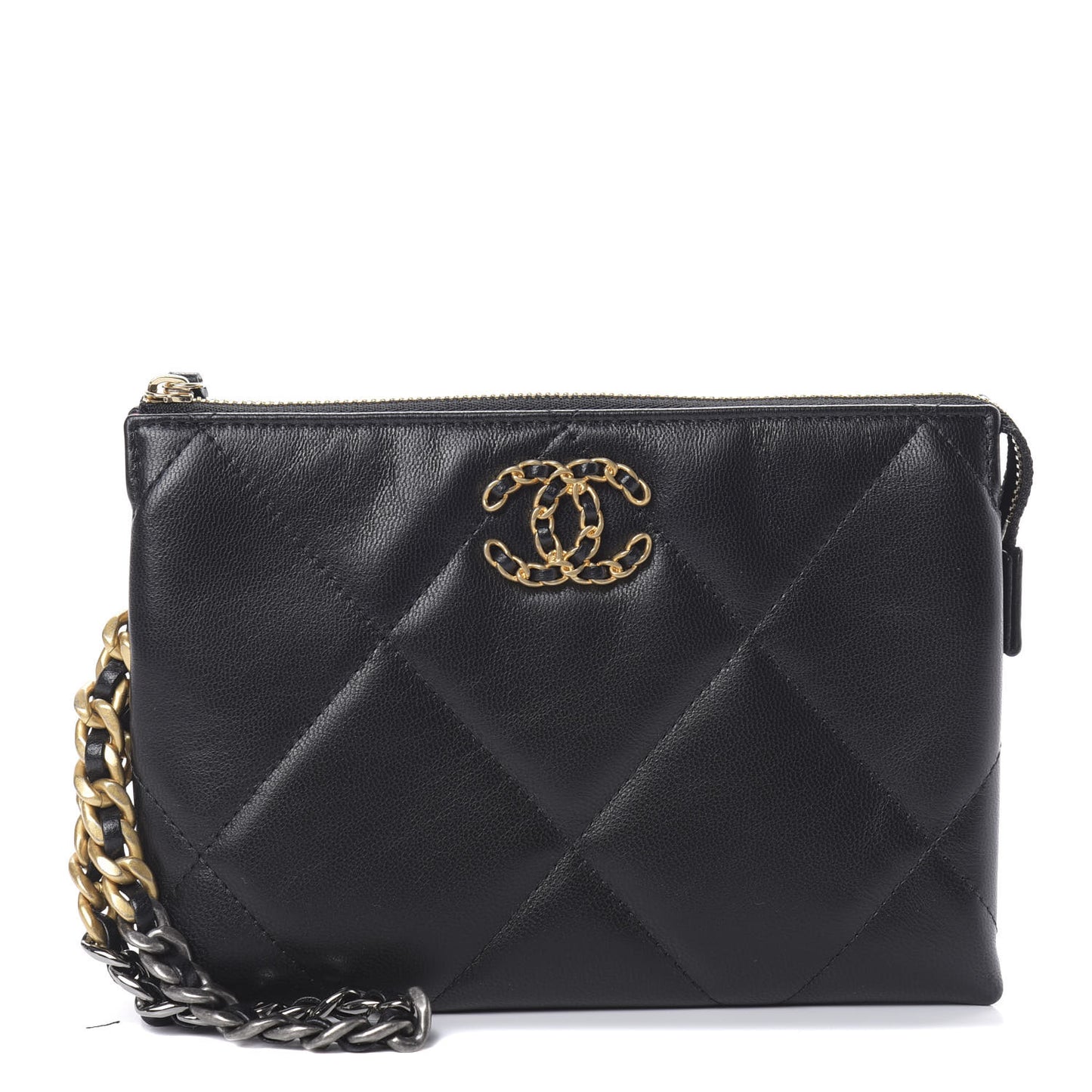 Shiny Goatskin Quilted Small Chanel 19 Pouch With Handle Black