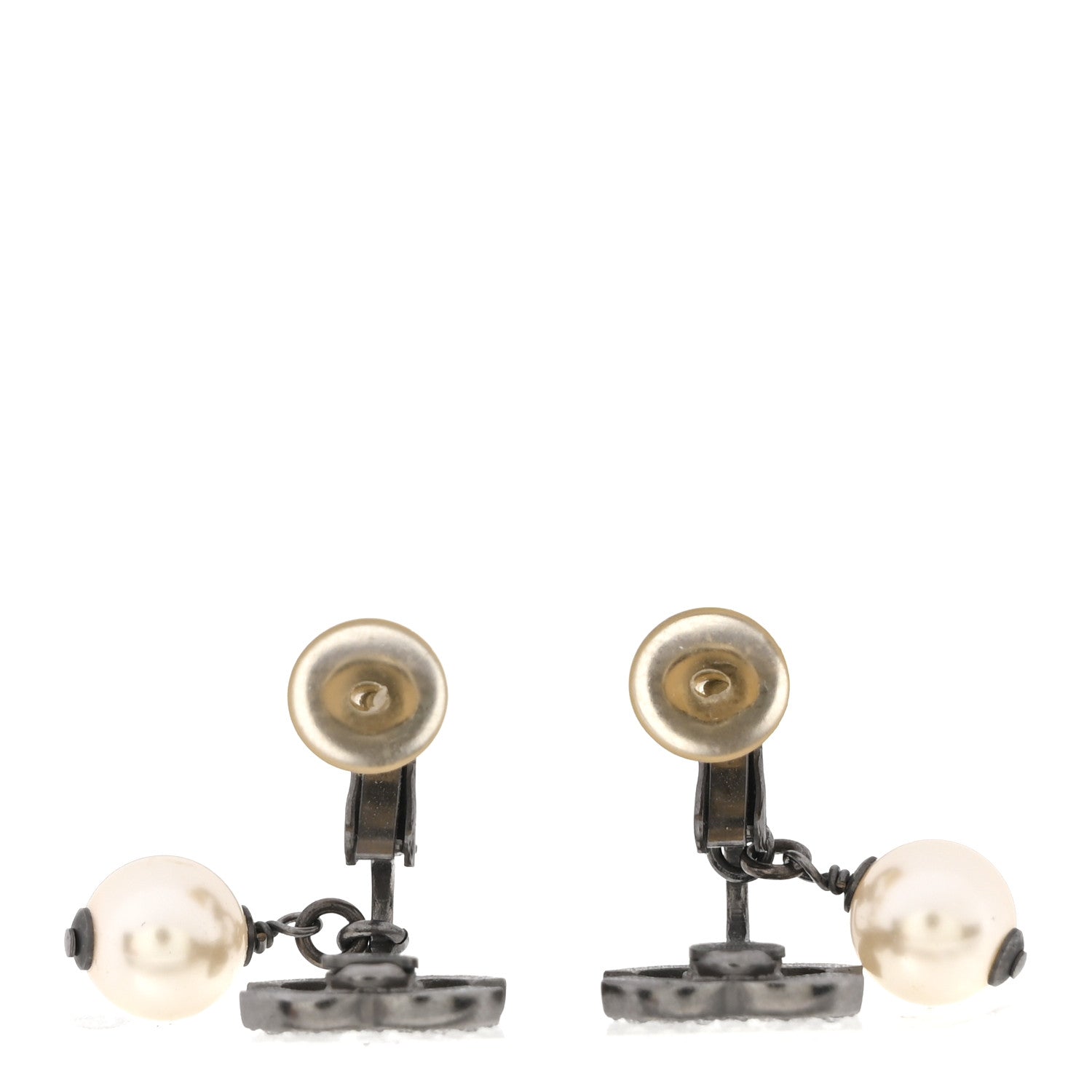 Chanel Pearl Crystal CC Drop Clip On Earrings Silver 3 of 5