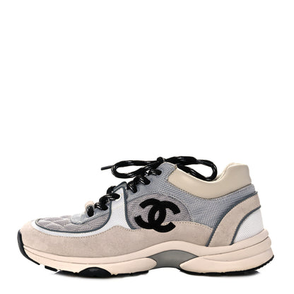 Chanel Mesh Suede Calfskin Grained Calfskin Womens CC Sneakers 37 Grey White Pink 1 of 8
