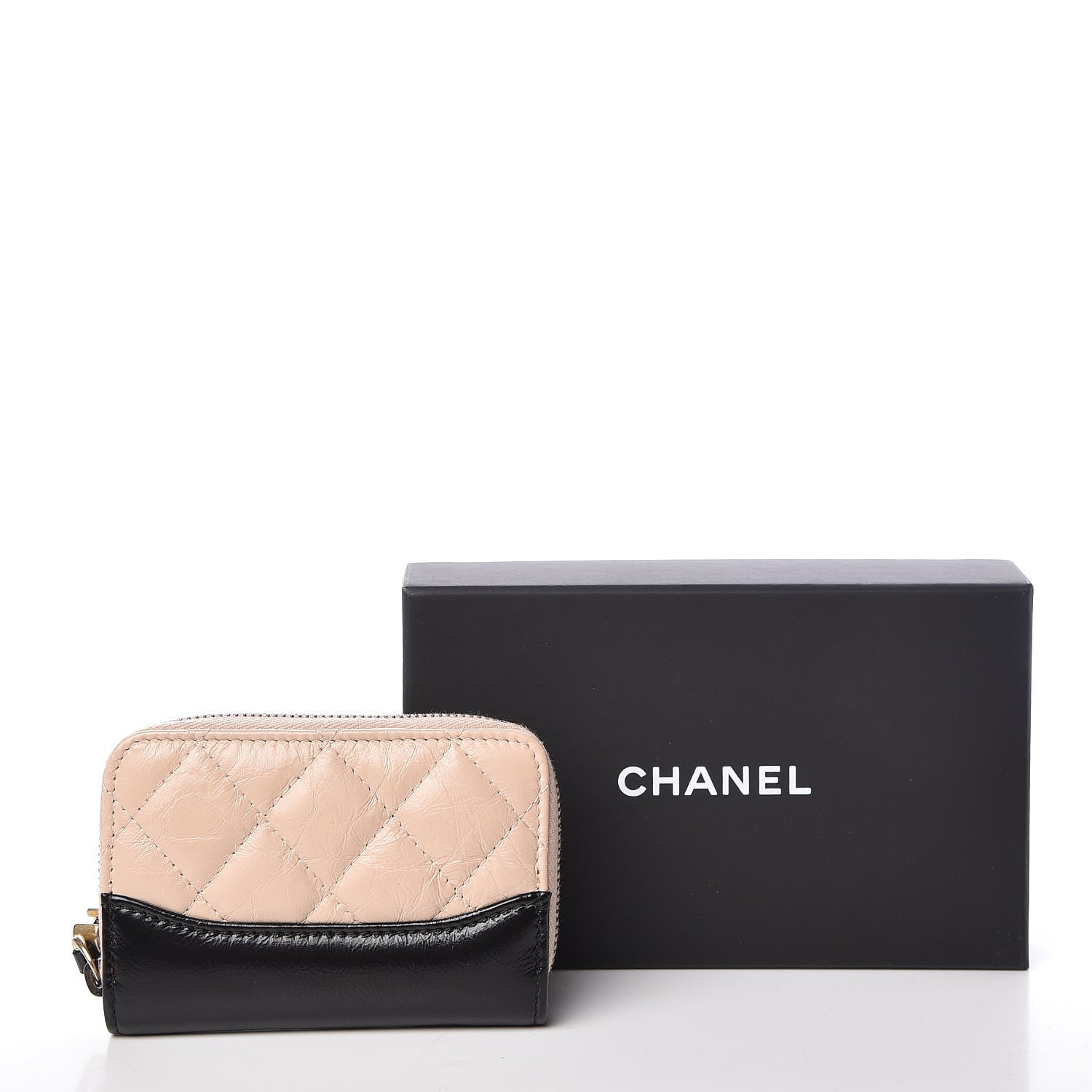 Chanel Aged Calfskin Quilted Gabrielle Zip Around Coin Purse Wallet Beige Black 15 of 15