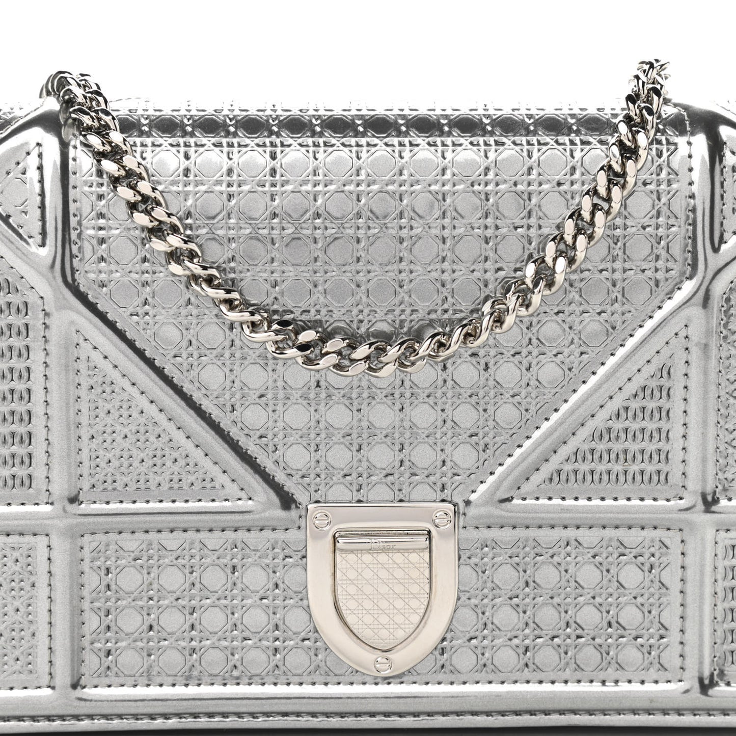 Metallic Patent Micro-Cannage Diorama Wallet on Chain Pouch Silver