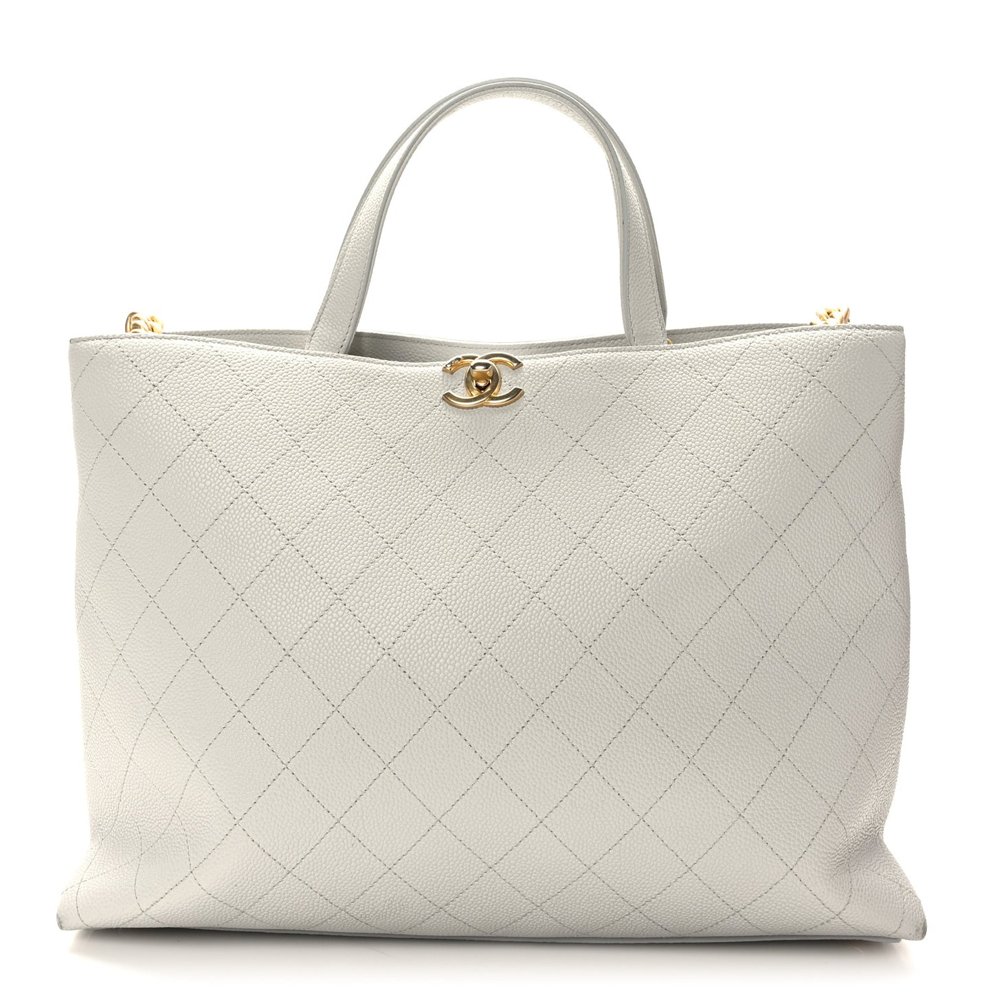 Grained Calfskin Stitched Large Shopping Tote Bag Light Grey