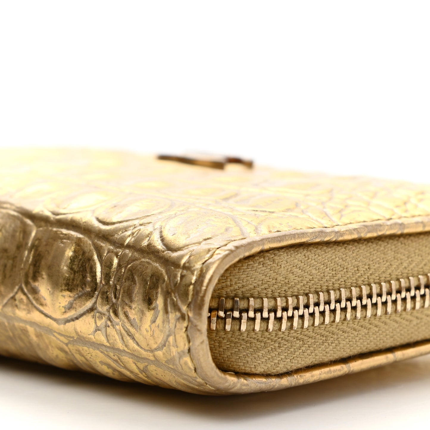 Metallic Calfskin Crocodile Embossed Cocodile Zip Coin Case Gold