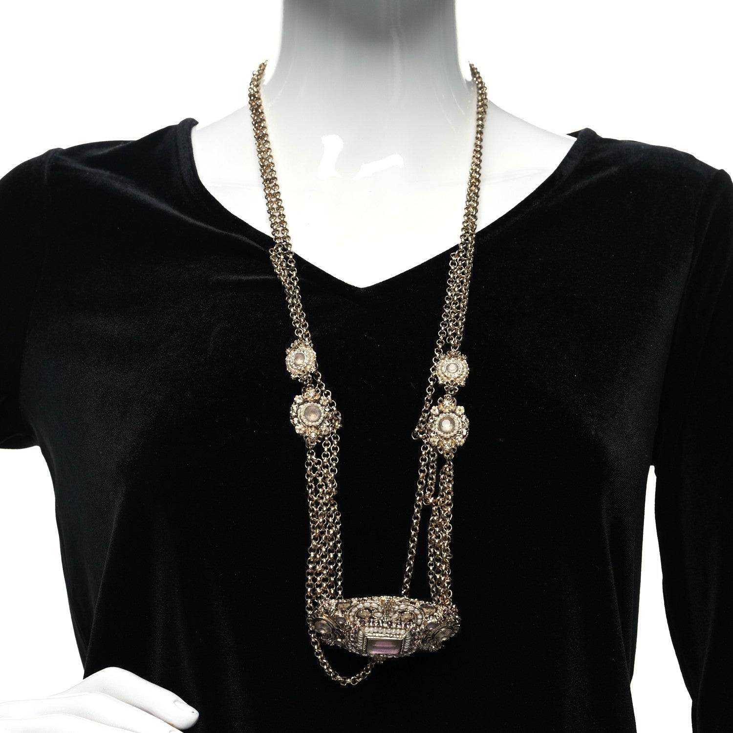 Chanel Crystal Pearl Flower CC Multi Strand Necklace Belt Pink Gold 2 of 6